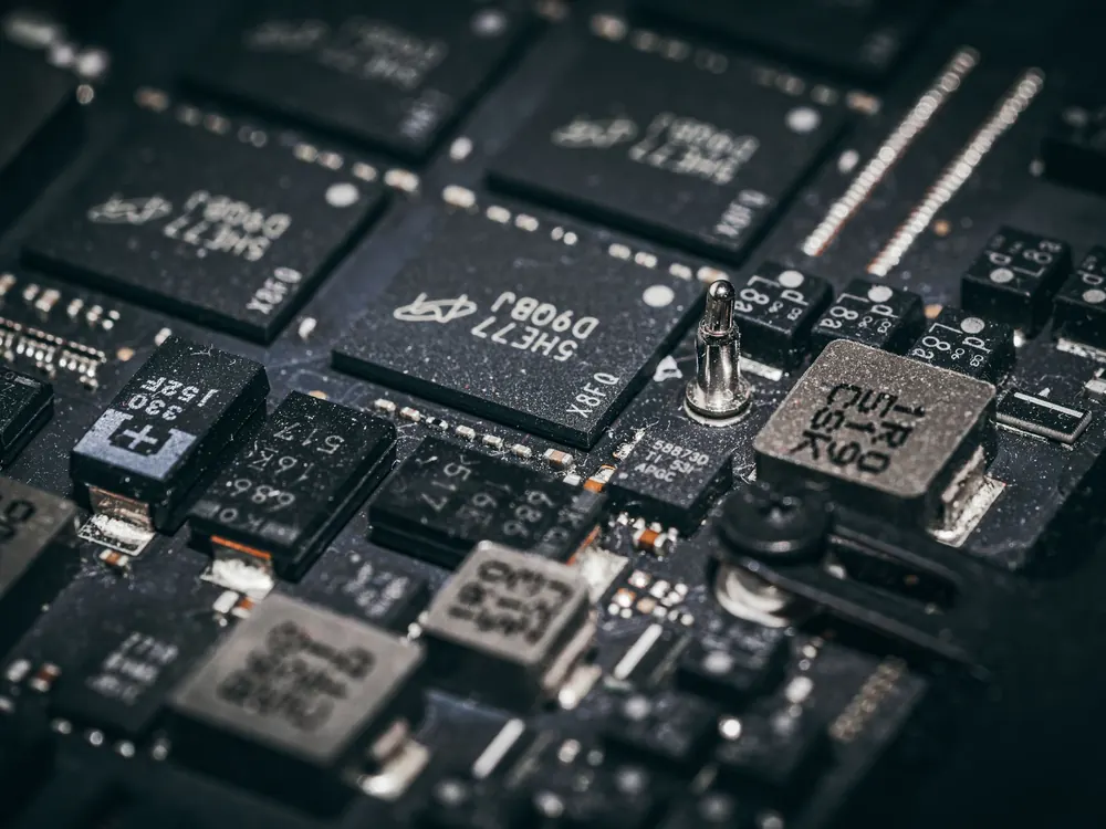 Close-up of RF integrated circuits on a printed circuit board